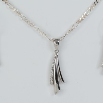 Sterling Silver/CZ Fan Drop Earrings and Pendant on Figaro Chain